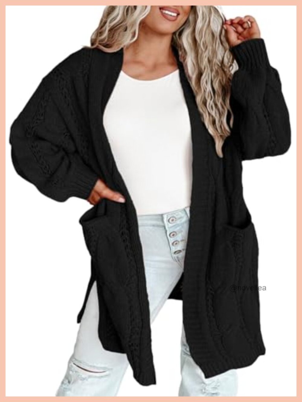 Plus Size Open Front Cable Knit Cardigan Long Sleeve Sweater